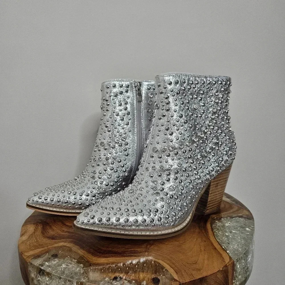 New Corkys Line Dance Silver Metallic Studded Crystal Western Ankle Boots - Picture 5 of 9